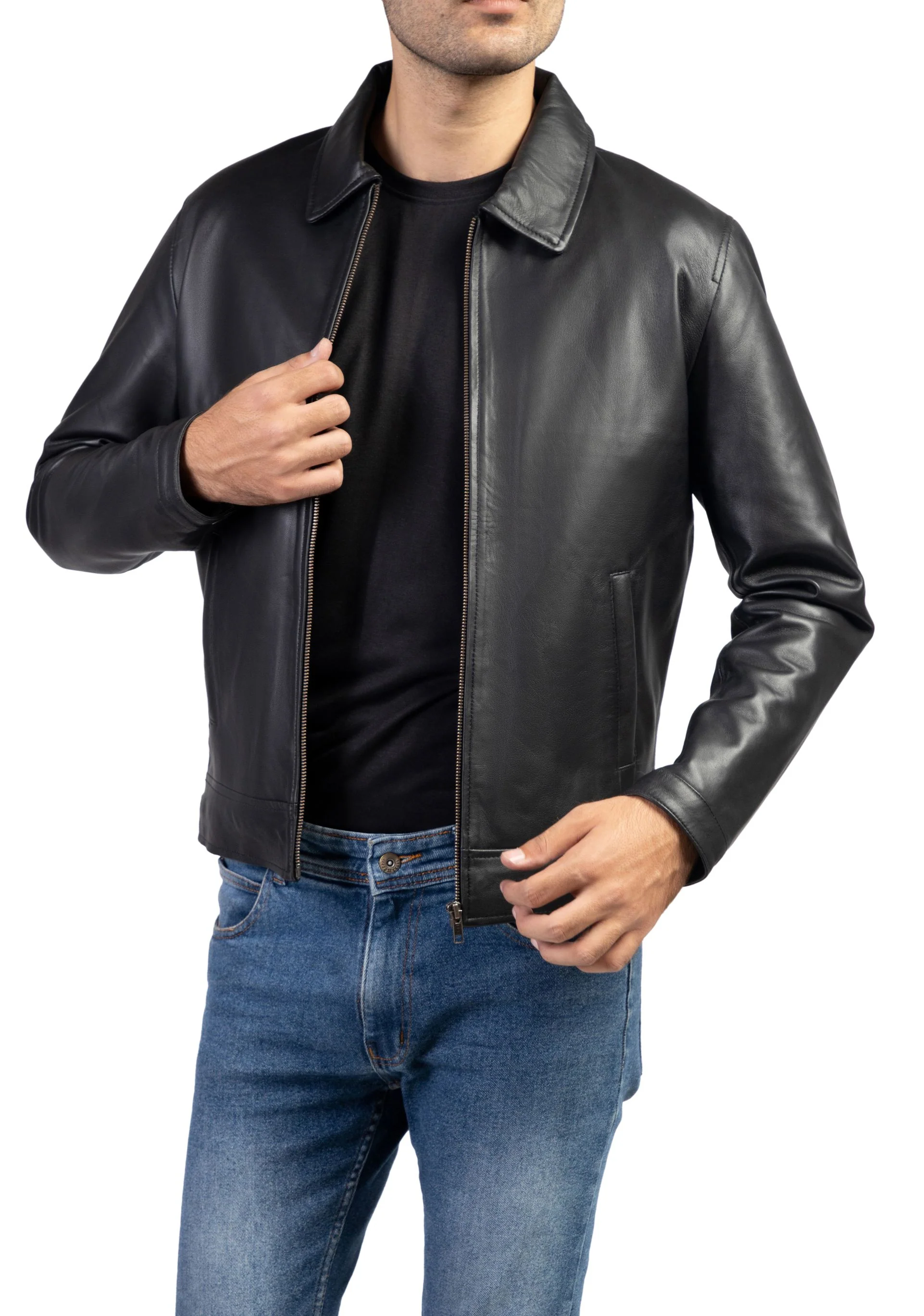 Men's Black Harrington Collar Shirt Premium Leather Jacket